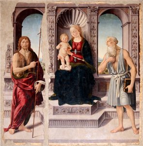 Madonna med barnet tronande tillsammans med Johannes Döparen och Jeronimo