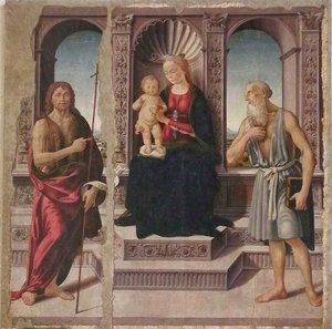 Madonna med barnet tronande tillsammans med Johannes Döparen och Jeronimo