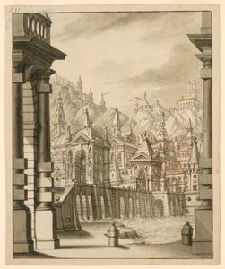 Scenografi, stad på kulle med tornförsedda byggnader av Bibiena Family, 1657