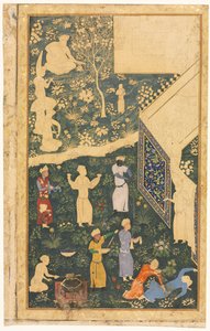 Musiker och tjänare utanför ett kungligt läger recto, ca. 1485. av Bihzad