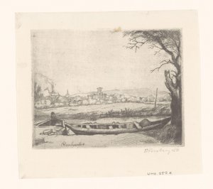 Kanal med en stor båt och en bro ("The Schuytje i förgrunden") av Birger John Forsberg