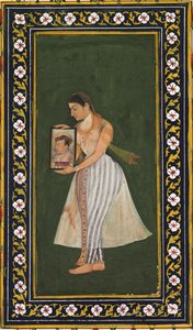 Nur Jahan, med ett porträtt av kejsar Jahangir, ca. 1627. av Bishandas