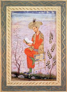 Babur (r.1526-30) Reading, Mughal (akvarell på papper) av Bishn Das