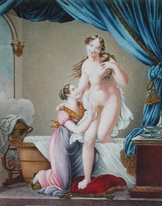 Kvinna som tar sig ur sitt bad, assisterad av sin hembiträde, ca 1820 (färggravyr) av Blaizot (after)