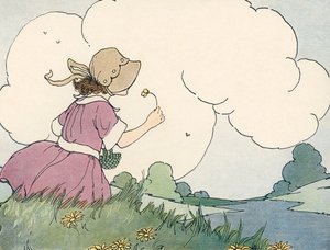 Ung flicka som luktar en vildblomma mot en sommarhimmel