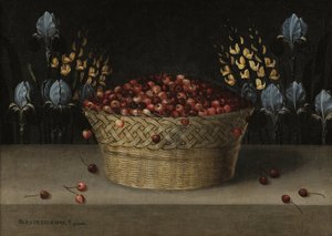 Stilleben med körsbär, lupin och iris, ca 1610 (olja på duk) av Blas de Ledesma
