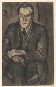 Porträtt av J.W. Yxa, sitter med händerna på knäna av Bob Hanf (signed by artist)