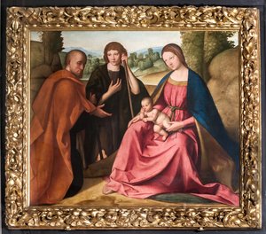 Tillbedjan av herdarna Madonna med Jesusbarnet och två herdar") av Boccaccio Boccaccino