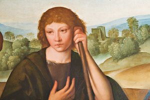 Tillbedjan av herdarna Madonna med Jesusbarnet och två herdar, detalj av 2384594 av Boccaccio Boccaccino