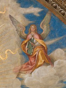 Apse, Catino Apse, Boccaccio Boccaccino, Pantocrator among Saints Marcellino, Imerio, Omobono, Peter Exorcist, Detail Angel right av Boccaccio Boccaccino