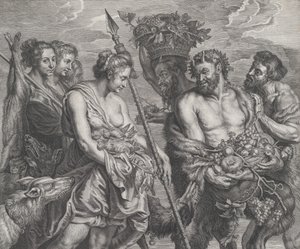 Diana återvände från jakten, åtföljd av hundar och hennes nymfer till vänster, två satt..., ca. 1640-59.