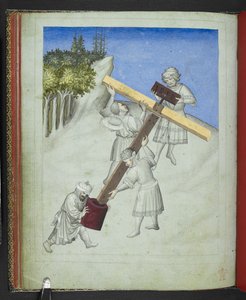 Lägg till 24189, f.11v, Kristi korsmontering, av fyra olika träslag, avbildade i olika färger, från 