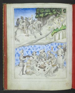 Lägg till 24189, f.5v, Rekreation på Cypern med, ovanför, en hjortjakt med leoparder och, nedanför, en fest, från 