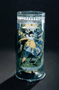 Humpen (hög bägare) med emaljerad dekor av en jägare och en kvinna, ca 1594 (glas)