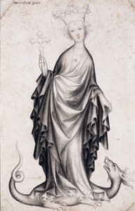 Sankta Margareta av Antiokia (död omkring 305) (sanka Margareta) (hon håller ett krucifix och trampar en drake) - Verk av en bohemisk mästare (aktiv 1410-1420), penna och pensel på papper (21,4x14 cm) , omkring 1410 - Szepmuveszeti Muzeum, Budapest (Ungern av Bohemian School