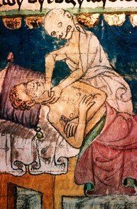a mort etranglant un pestifere - Death Stranging a Victim of the Plague - Miniature extraite du codex Stini, Boheme av Bohemian School