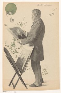Edmond de Goncourt tittar på ett tryck, bredvid honom en tryckstandard E. de Goncourt (titel på objekt) av Boileau