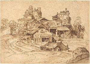 Utsikt över en italiensk stad (efter Titian eller Domenico Campagnola) av Bolognese 17th Century