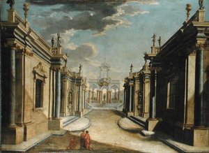 En arkitektonisk Capriccio som skildrar berättelsen om Minyas döttrar (olja på duk) av Bolognese School