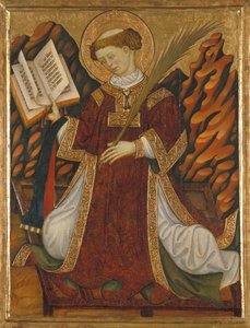 Sankt Laurentius av Rom (omkring 210-258) (i kostymen av en diakon som läser Bibeln och håller martyrernas handflata, knäböjer på grillen för sin tortyr) - Målning av Bonanat Zaortiga (aktivt 1400-tal), tempera på trä (80 ,2x62 cm), cirka 1430 - Saint Lawr