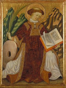 Saint Vincent of Zaragoza (300-talet) (i kostymen av en diakon som läser Bibeln och håller martyrernas handflata, nära kvarnstenen för hans tortyr) - Målning av Bonanat Zaortiga (aktivt 1400-tal), tempera på trä (80,2x61) , 5 cm), omkring 1430 - Saint Vinc