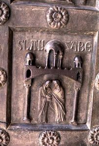 Panel med en föreställning av Visitationen på Porta di S. Ranieri av Bonannus of Pisa