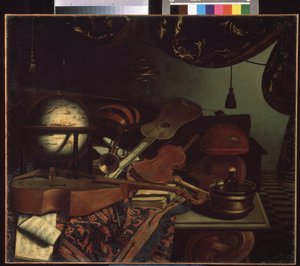 ""Still life with musical instruments"" (Still life with musical instruments) Glob, flöjt, partitur, viol, gitarr. Målning av Bonaventura Bettera (1663-1718) 1715 Pushkin Museum, Moskva av Bonaventura Bettera