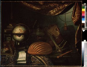 ""Still life with musical instruments"" (Still life with musical instruments) Glob, flöjt, partitur, viol, gitarr. Målning av Bonaventura Bettera (1663-1718) 1715 Pushkin Museum, Moskva av Bonaventura Bettera