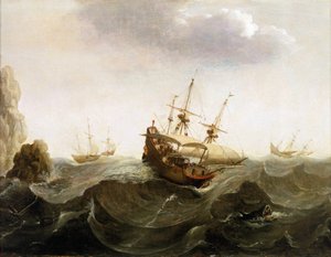 Ett holländskt handelsfartyg på väg till Ostindien låter två sillfiskebåtar passera. Oljemålning, mitten av 1600-talet, av Bonaventura Peeters (1614-1652). av Bonaventura Peeters