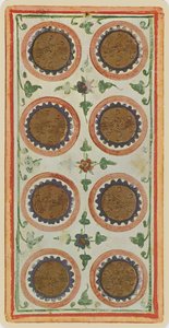 The Eight of Coins, faksimil av ett tarotkort från 
