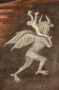 Norra tvärskeppet, ärkeängelns altare, Bakom altartavlan freskerna av Boniface Bembo, ärkeängeln Mikael med Vågen som driver ut det onda, Detalj Maligna av Bonifacio Bembo
