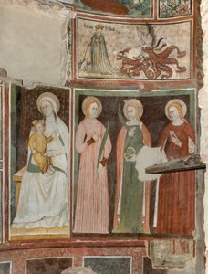 Norra tvärskeppet, ärkeängelns altare, Bakom altartavlan fresker av Bonifatius Bembo, Jungfru och barn Saint Aquilina och Saint Catherine of Alexandria, Ovan symbol för Umilitas av Bonifacio Bembo