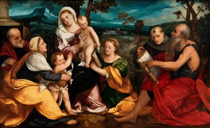 Den heliga familjen omgiven av helgon, ca 1530 (olja på pannå)