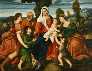 Den heliga familjen med Tobias och ängeln, den heliga Dorotea, Giovannino och miraklet med majsen utanför