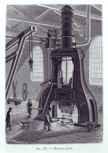 Le Creusot Power Hammer, illustration till en bok om industrimaskiner, ca. 1880 (bw foto) av Bonnafoux