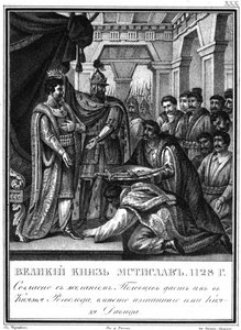 Mstislav I utnämnde Rogvolod till prins av Polotsk. 1128 Från Illustrerad Karamzin, 1836 av Boris Artemyevich Chorikov