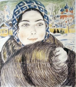 En ung köpmans fru i rutig halsduk par Kustodiev, Boris Michaylovich (1878-1927) av Boris Mikhailovich Kustodiev
