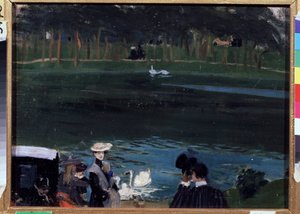 Bois de Boulogne. Sjön med svanar och vandrare. Målning av Boris Michaylovich Kustodiev (Kustodiev) (1878-1927), olja på duk av Boris Mikhailovich Kustodiev