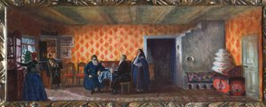 Dekorpreparatoire för teaterstycket ""La mort de Pasukhin"" av Mikhail Saltykov-Shchedrin (Saltykov Shchedrin, Saltykov-Chtchedrine, Saltykov Chtchedrine) (1826-1889) (Scenografi för teaterpjäsen Pasukhins död av M. Saltykov-Chtchedrine ). av Boris Mikhailovich Kustodiev