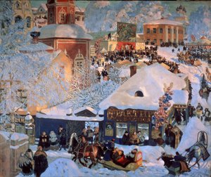 Vinter, Mardi Gras (vinter, Schrovetide). Traditionella festligheter på de snötäckta gatorna i en provinsstad. Förutom beskrivningen av stadens byggnader, klungorna av ballonger, en karusell, tavernors skyltfönster och slädar som dras av av Boris Mikhailovich Kustodiev