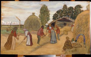 Tröskningen av skörden med slagan (Tröskning) - Verk av Boris Michaylovich Kustodiev (Koustodiev) (1878-1927), pastell på kartong, 59x100 cm av Boris Mikhailovich Kustodiev