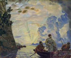 Kosackledaren Stepan (Stenka) Timofeevich Razin (1630-1671) i en båt. Han ledde ett uppror mot adeln och den tsaristiska byråkratin i södra Ryssland (Stepan Razin). Målning av Boris Michaylovich Kustodiev (Kustodiev) (1878-192) av Boris Mikhailovich Kustodiev
