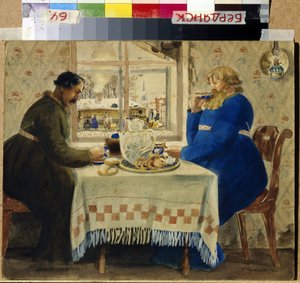 Tränarna. Två män vid bordet äter kakor och frallor medan de dricker te. Genom fönstret står lagen och slädarna uppradade på gården. Verk av Boris Michaylovich Kustodiev (Kustodiev) (1878-1927), akvarell av Boris Mikhailovich Kustodiev