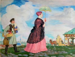 Köpmanskvinna med inköp, 1920 av Boris Mikhailovich Kustodiev