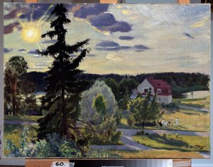 Kvällslandskap. En grupp barn leker med en boll på gräsmattan framför ett hus. Målning av Boris Michaylovich Kustodiev (Kustodiev) (1878-1927), olja på duk av Boris Mikhailovich Kustodiev