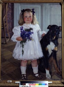 Porträtt Av Dottern Irina Med Hunden Shumka. Målning av Boris Michaylovich Kustodiev (Kustodiev) (1878-1927), olja på duk av Boris Mikhailovich Kustodiev