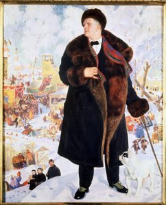 Porträtt av sångaren Feodor (Fiodor, Fedor) I. Chaliapin (Chaliapin) (1873-1938) (Porträtt av sångaren F.I.Shalyapin). I en päls och hatt, åtföljd av en bulldogg som stirrar på honom, står sångaren stolt framför animationerna av en av Boris Mikhailovich Kustodiev