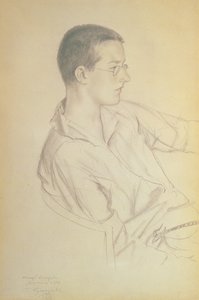 Porträtt av Dmitri Dmitrievich Shostakovich (1906-75), 1923 (penna på papper) av Boris Mikhailovich Kustodiev