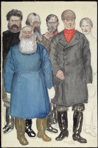 Kostymdesign för teaterpjäsen Vargar och får av Alexandre Ostrovsky (1823-1886) (Dräktdesign till teaterpjäsen Vargar och får av A. Ostrovsky). Verk av Boris Michaylovich Kustodiev (Koustodiev) (1878-1927), akvarell på papper av Boris Mikhailovich Kustodiev