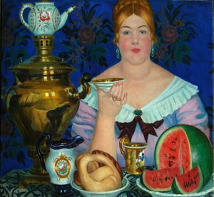 Köpmannens fru dricker te, 1923 av Boris Mikhailovich Kustodiev